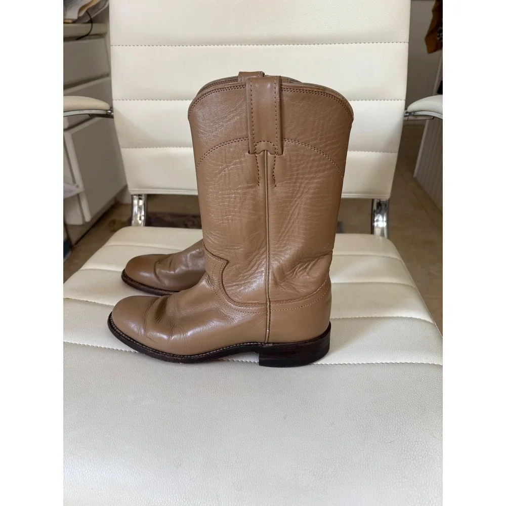 Justin Tan‎ Leather Roper Boots Round Toe Western Equestrian Low Heel Womens 4.5